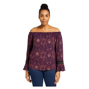 Xhilaration Maroon Off-Shoulder Floral Boho Blouse 1X